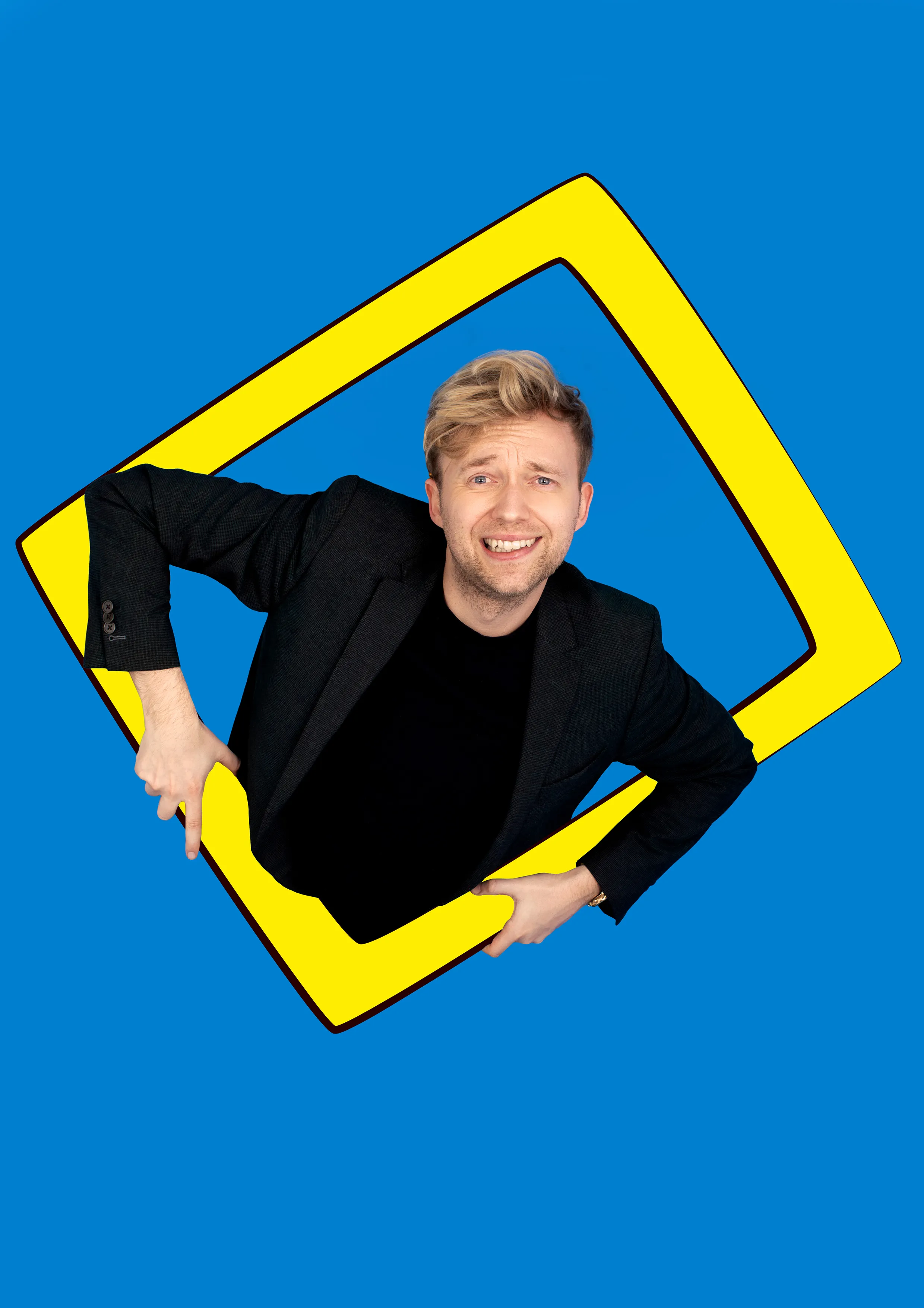 Marc Weide posiert dynamisch in einem grafischen Rahmen seines Bühnenprogramms