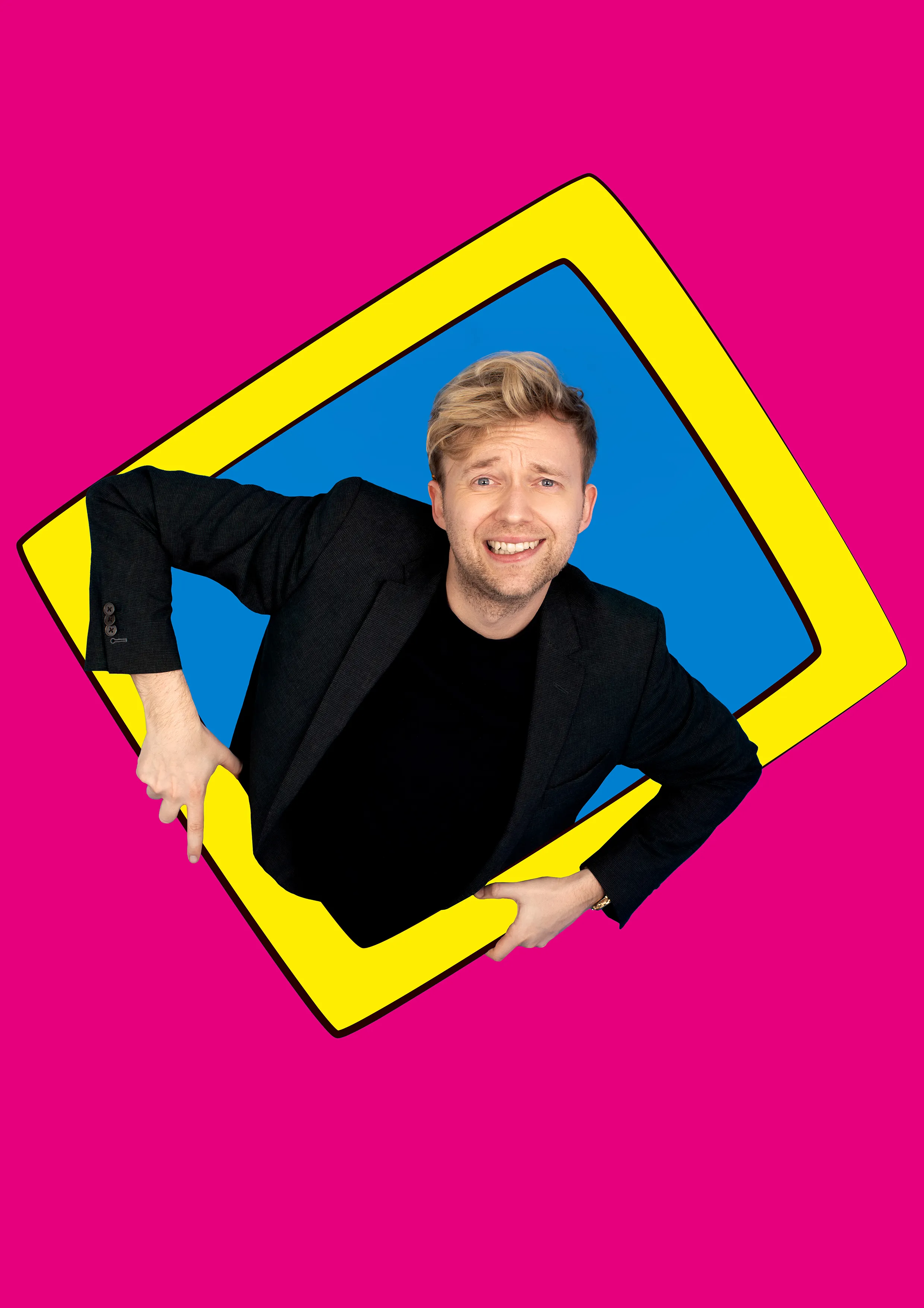 Marc Weide posiert in einem grafischen Rahmen in Pink und Gelb
